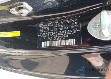 2013 Hyundai Genesis 2.0T R-Spec z USA, uszkodzony, nr VIN KMHHT6KD8DU093034